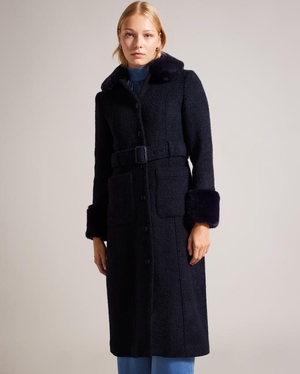 Manteau Ted Baker Longline Wool Blend With Faux Fur Bleu Foncé Femme | IQY-05962881